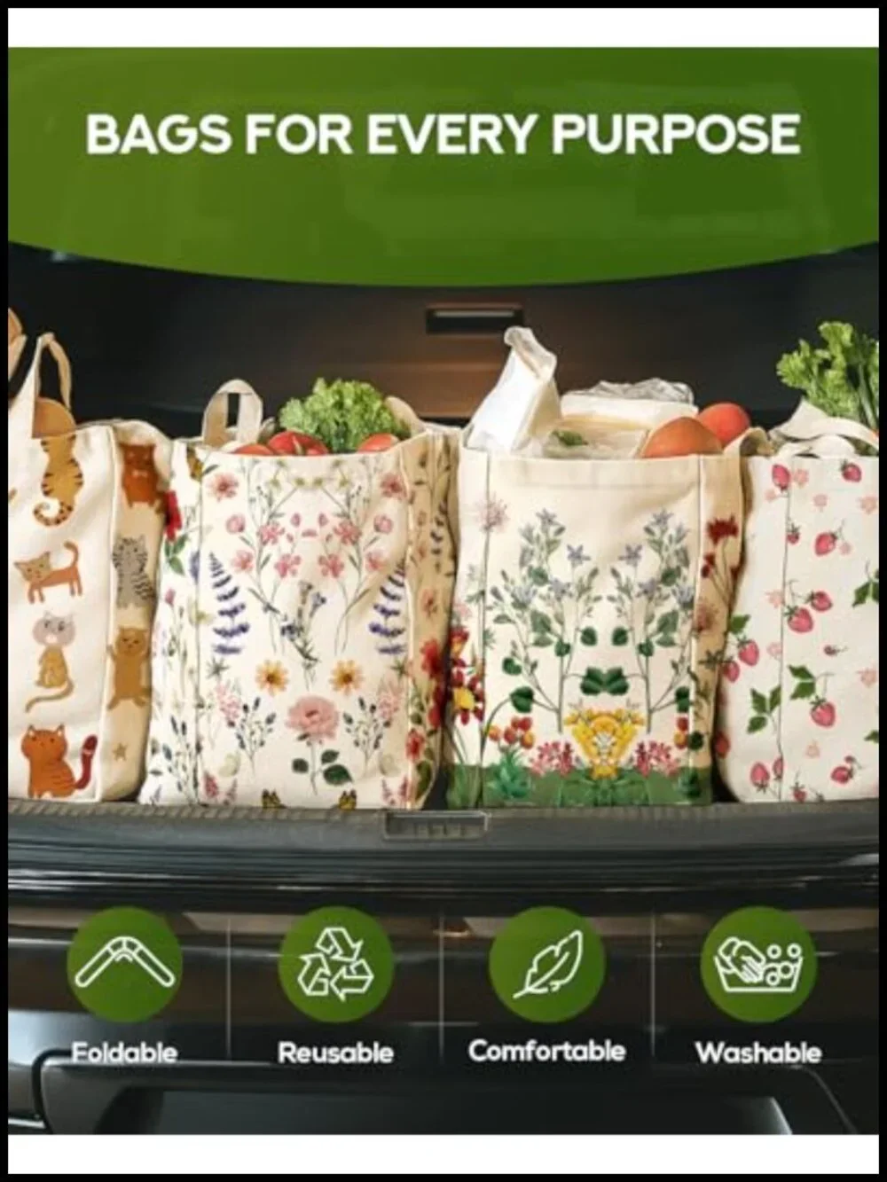 Large Canvas Grocery Tote - Reusable Shopping Bag with 6 Pockets